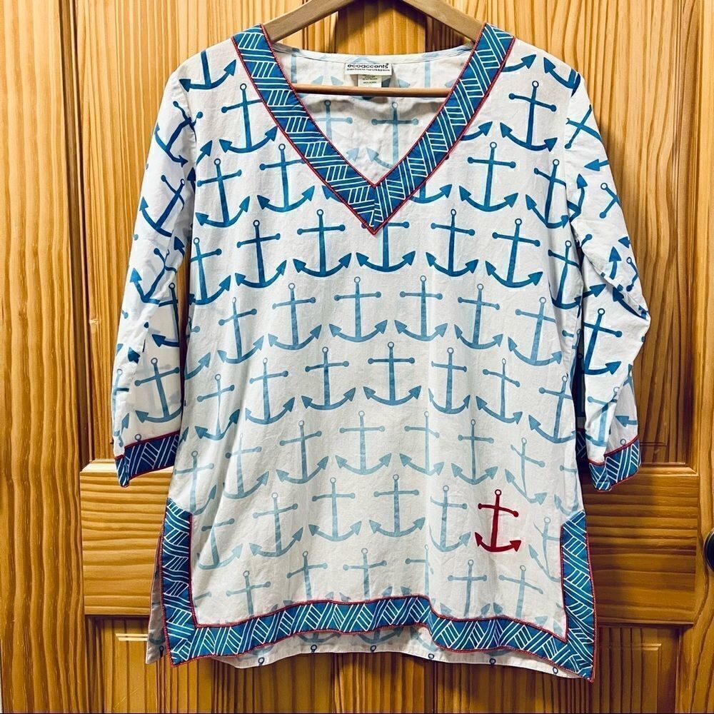 EcoAccents white blue nautical eco cotton anchor design 3/4 sleeve tunic shirt